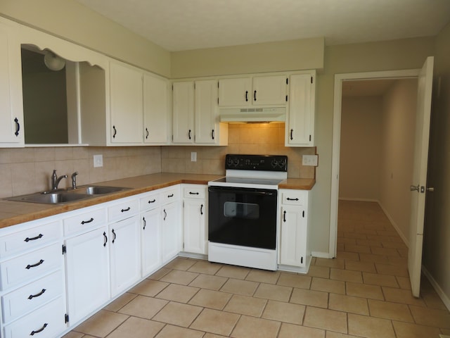 1007 E Parkview St, Ozark, MO 65721 - kitchen featuring white range with electric cooktop, under cabinet range hood, tasteful backsplash, white cabinetry, and light tile patterned flooring