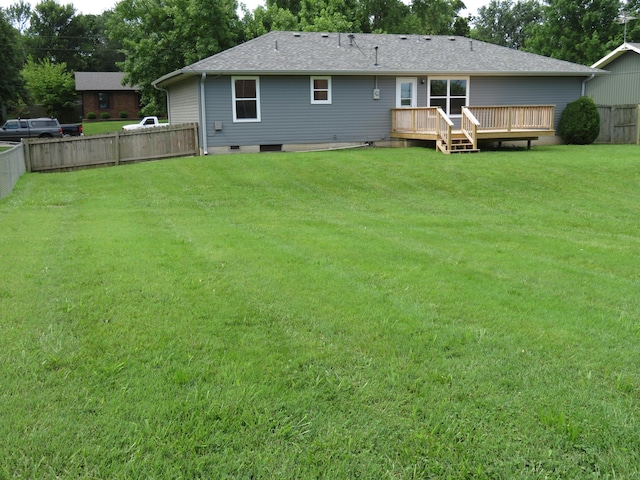 1007 E Parkview St, Ozark, MO 65721 - rear view of house featuring a fenced backyard, a wooden deck, roof with shingles, and crawl space