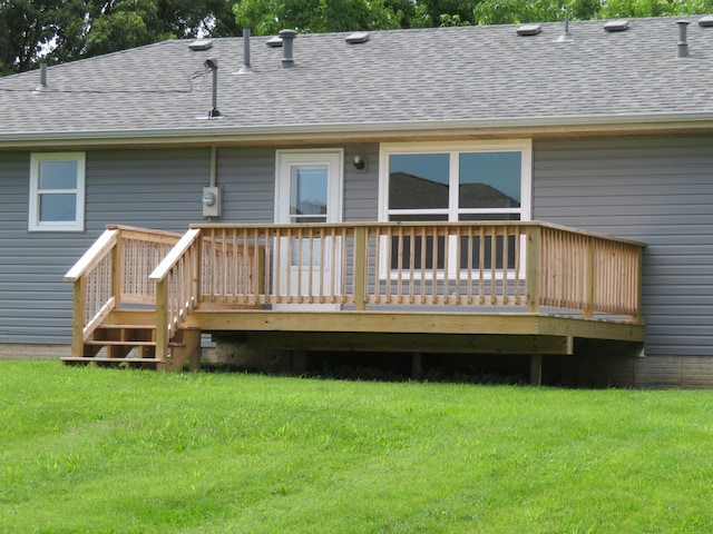 1007 E Parkview St, Ozark, MO 65721 - back of property featuring a shingled roof, a lawn, and a wooden deck