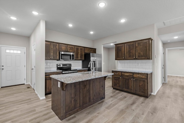 200 E Rosalie St, Strafford, MO 65757 - kitchen featuring appliances with stainless steel finishes, tasteful backsplash, dark brown cabinetry, light wood-style flooring, and recessed lighting