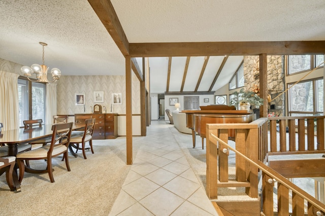 636 Crader Ct, Springfield, MO 65802 - dining space with wallpapered walls, a textured ceiling, plenty of natural light, a chandelier, and light carpet