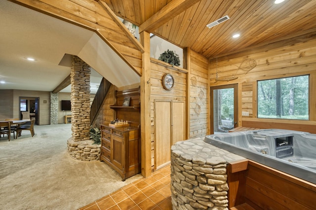 636 Crader Ct, Springfield, MO 65802 - interior space featuring recessed lighting, ornate columns, wood walls, light colored carpet, and light tile patterned floors