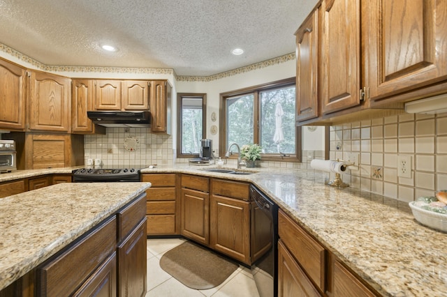 636 Crader Ct, Springfield, MO 65802 - kitchen featuring black dishwasher, exhaust hood, a textured ceiling, decorative backsplash, and light stone countertops