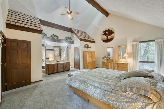 636 Crader Ct, Springfield, MO 65802 - bedroom featuring high vaulted ceiling, light colored carpet, beamed ceiling, and a textured ceiling