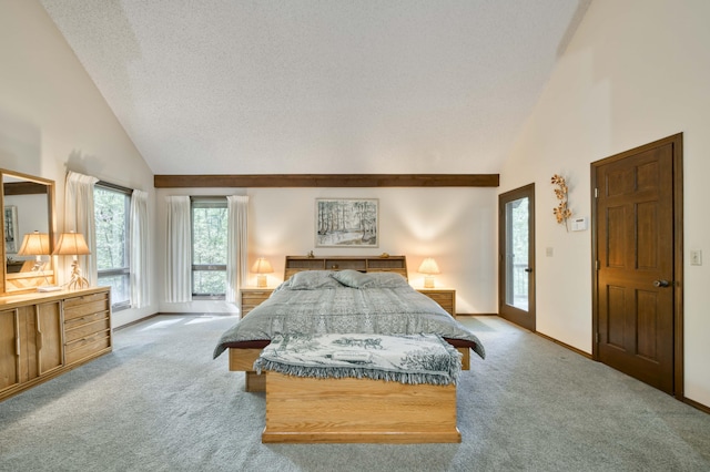 636 Crader Ct, Springfield, MO 65802 - carpeted bedroom featuring a textured ceiling, high vaulted ceiling, and access to exterior