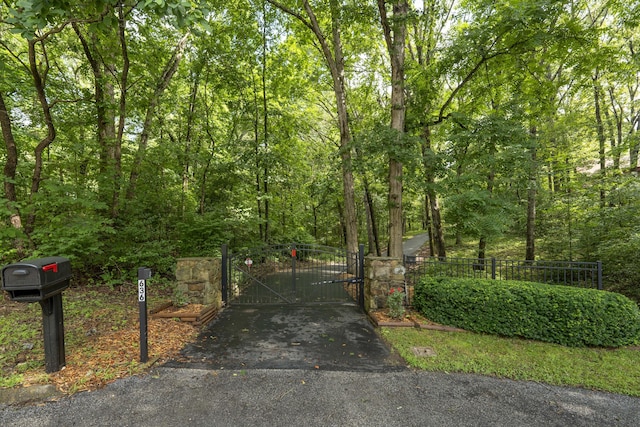 636 Crader Ct, Springfield, MO 65802 - view of asphalt driveway with a gate, a view of trees, and a gated entry