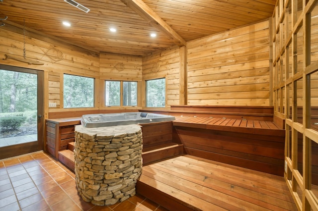 636 Crader Ct, Springfield, MO 65802 - bathroom featuring wooden ceiling, a sauna / steam room, recessed lighting, wooden walls, and tile patterned floors