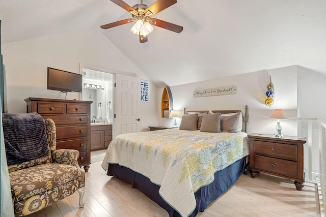 440 Fall Creek Dr Unit 7, Branson, MO 65616 - bedroom featuring light wood-style floors, lofted ceiling, ensuite bathroom, and a ceiling fan