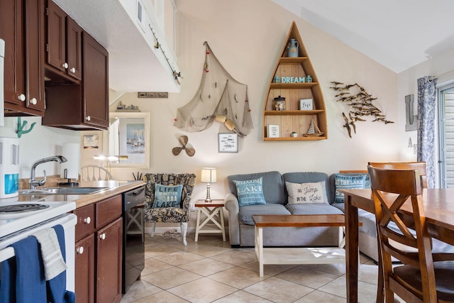 440 Fall Creek Dr Unit 7, Branson, MO 65616 - kitchen featuring light tile patterned floors, vaulted ceiling, dark brown cabinetry, white electric range oven, and black dishwasher