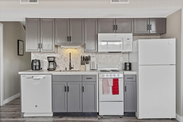 530 Abby Ln Unit 5, Branson, MO 65616 - kitchen featuring white appliances, gray cabinets, light countertops, tasteful backsplash, and dark wood-style floors