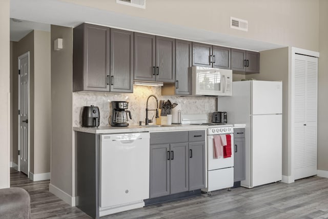 530 Abby Ln Unit 5, Branson, MO 65616 - kitchen featuring white appliances, light countertops, light wood-type flooring, decorative backsplash, and gray cabinetry