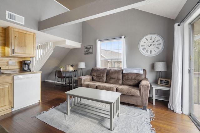 1 Memory Ln Unit 5, Branson, MO 65616 - living room featuring lofted ceiling, healthy amount of natural light, dark wood-style flooring, and stairway