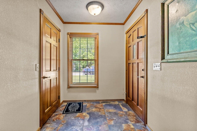 641 N Park Pl, Bolivar, MO 65613 - entrance foyer with stone finish floors, ornamental molding, a textured ceiling, and a textured wall