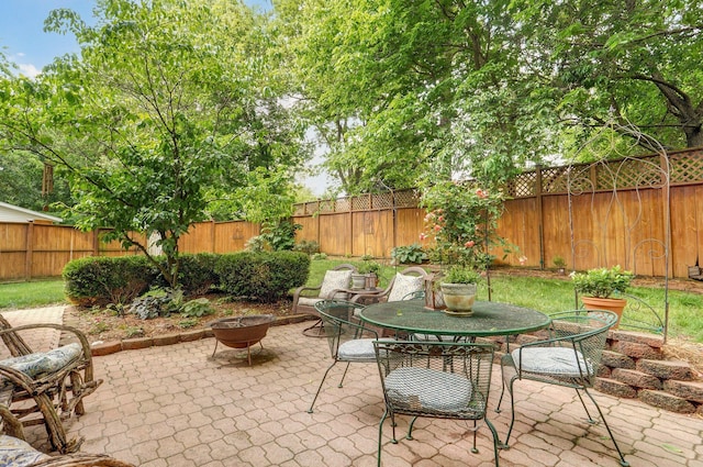 3449 S Woodstock Dr, Springfield, MO 65809 - fenced backyard featuring a patio area, an outdoor fire pit, and outdoor dining space