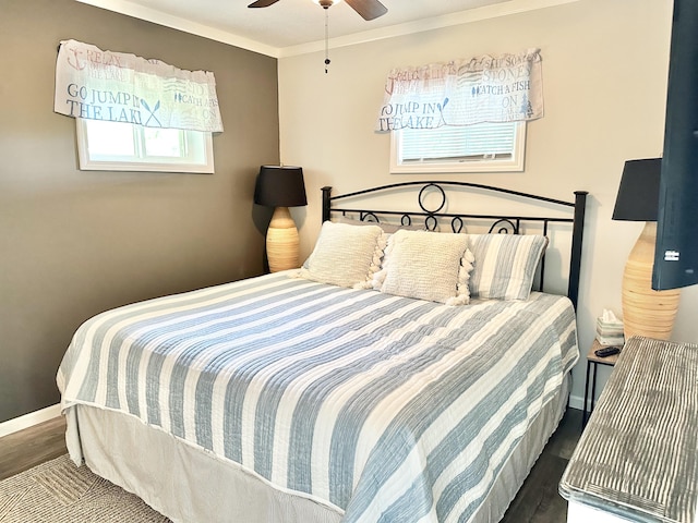 25419 County Road 327, Urbana, MO 65767 - bedroom with wood finished floors, ornamental molding, and a ceiling fan