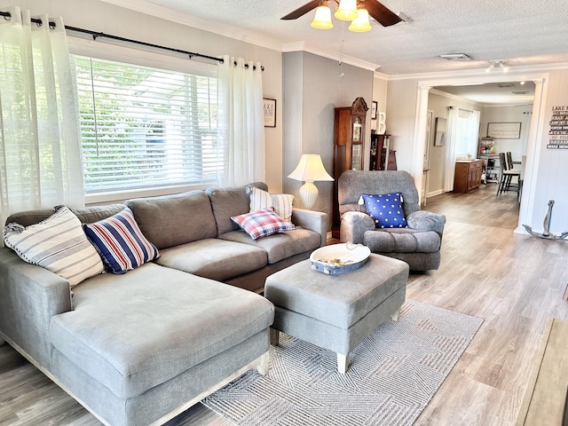 25419 County Road 327, Urbana, MO 65767 - living area with ornamental molding, a ceiling fan, light wood-style flooring, and a textured ceiling