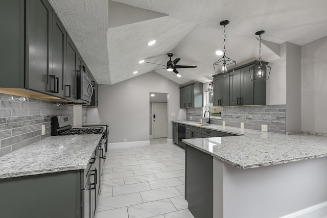 720 W Mount Vernon St, Springfield, MO 65806 - kitchen featuring dishwasher, a peninsula, light marble finish floors, ceiling fan, and backsplash