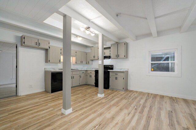 1169 S Miller Ave, Springfield, MO 65802 - kitchen featuring black appliances, gray cabinetry, beam ceiling, light wood finished floors, and light countertops