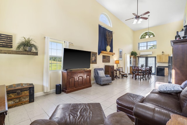 531 Plateau Dr, Marshfield, MO 65706 - living area with a towering ceiling, ceiling fan, tile patterned flooring, and plenty of natural light