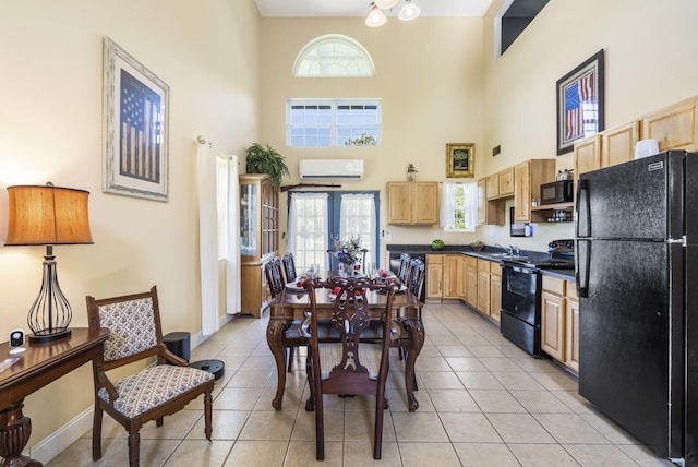 531 Plateau Dr, Marshfield, MO 65706 - dining room with a high ceiling, a wall unit AC, and light tile patterned floors