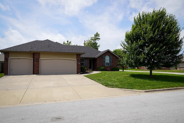 1129 S Erika Ave, Springfield, MO 65802 - ranch-style home featuring brick siding, a garage, a front yard, concrete driveway, and a shingled roof