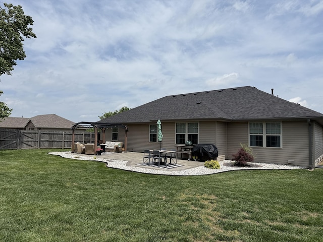 1129 S Erika Ave, Springfield, MO 65802 - rear view of house featuring outdoor lounge area, a patio area, a fenced backyard, roof with shingles, and a pergola