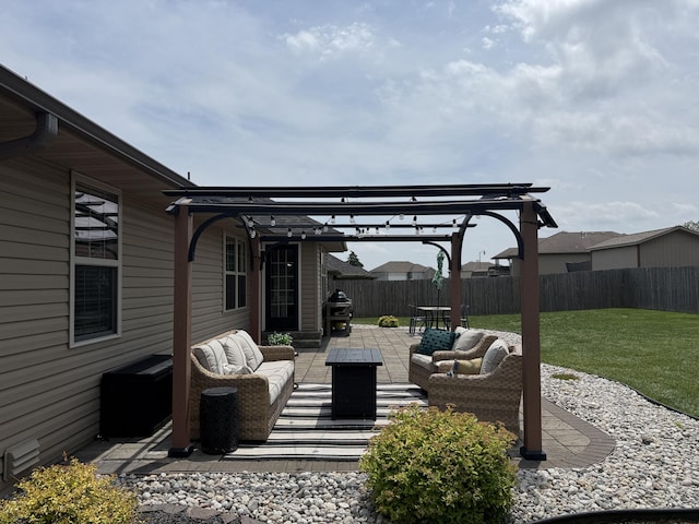 1129 S Erika Ave, Springfield, MO 65802 - fenced backyard featuring an outdoor hangout area, a pergola, a patio area, and a grill