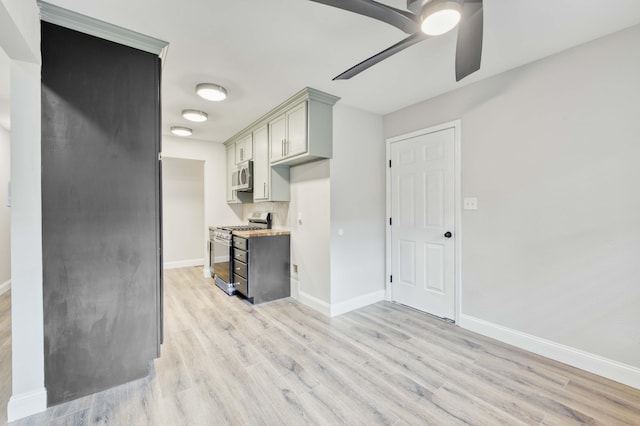 210 N Cedarbrook Ave, Springfield, MO 65802 - kitchen with stainless steel appliances, light wood-style floors, a ceiling fan, and decorative backsplash