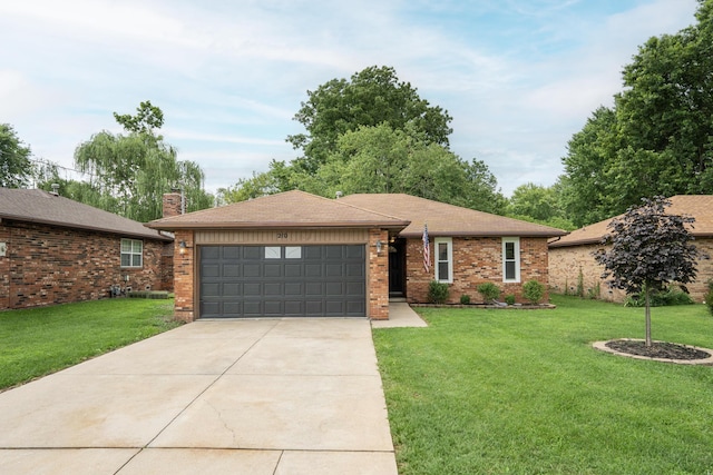 210 N Cedarbrook Ave, Springfield, MO 65802 - ranch-style home with brick siding, a front yard, an attached garage, and a chimney