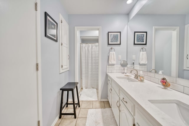 1820 E Jacqueline St, Springfield, MO 65804 - full bathroom with double vanity, curtained shower, and tile patterned flooring