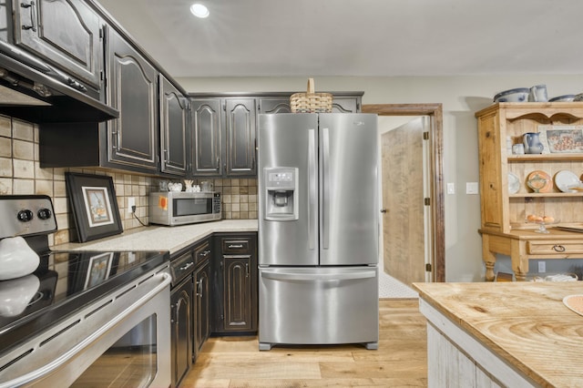 1820 E Jacqueline St, Springfield, MO 65804 - kitchen featuring stainless steel appliances, ventilation hood, light wood-type flooring, tasteful backsplash, and recessed lighting