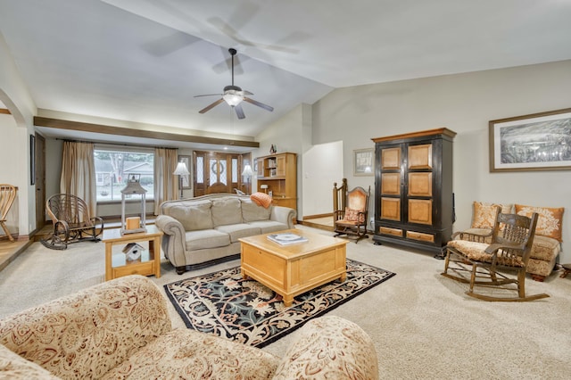1820 E Jacqueline St, Springfield, MO 65804 - living area featuring light colored carpet, vaulted ceiling, and ceiling fan