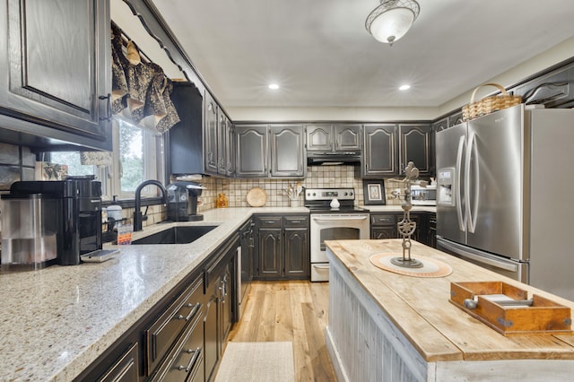 1820 E Jacqueline St, Springfield, MO 65804 - kitchen featuring stainless steel appliances, under cabinet range hood, butcher block countertops, light wood-style flooring, and decorative backsplash