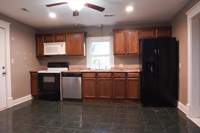 1019 N Clifton Ave, Springfield, MO 65802 - kitchen featuring black fridge with ice dispenser, stainless steel dishwasher, white microwave, electric range oven, and ceiling fan