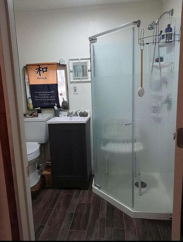 135 Coulter Ln, Forsyth, MO 65653 - bathroom with wood tiled floors, a shower stall, and vanity