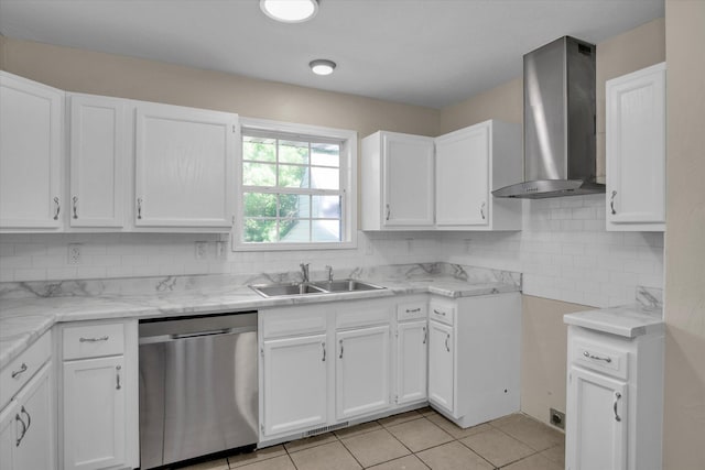 2431 N Kellett Ave, Springfield, MO 65803 - kitchen featuring stainless steel dishwasher, wall chimney exhaust hood, white cabinetry, and tasteful backsplash
