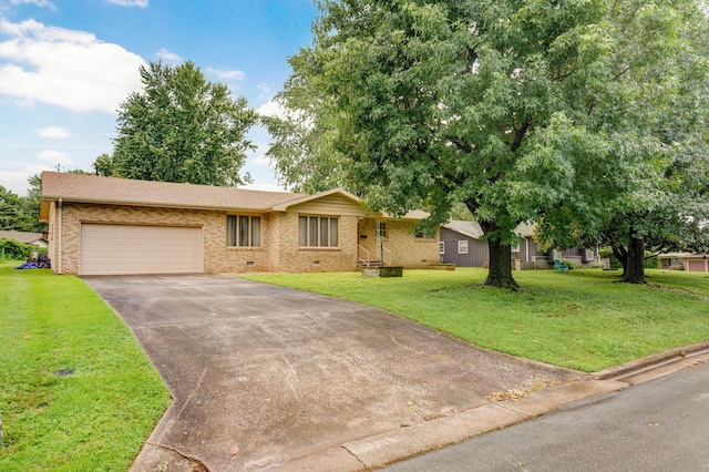 3066 E Lomita St, Springfield, MO 65804 - ranch-style home featuring asphalt driveway, brick siding, an attached garage, a front yard, and a shingled roof