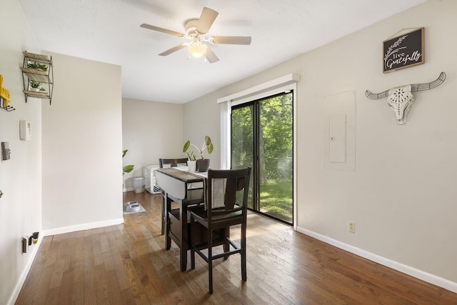 2558 S Nettleton Ave, Springfield, MO 65807 - dining space with a ceiling fan, wood-type flooring, and electric panel