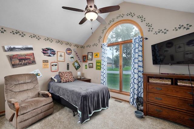 311 Northview Rd, Nixa, MO 65714 - bedroom featuring multiple windows, light carpet, high vaulted ceiling, ceiling fan, and access to exterior
