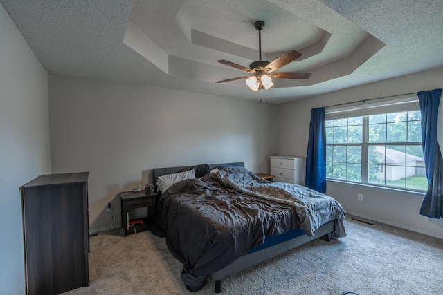 2981 W Highpoint St, Springfield, MO 65810 - carpeted bedroom with a raised ceiling, a textured ceiling, and a ceiling fan