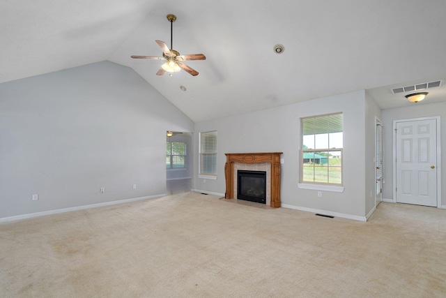 287 N Metzletein Rd, Billings, MO 65610 - unfurnished living room with ceiling fan, light colored carpet, a fireplace, healthy amount of natural light, and high vaulted ceiling