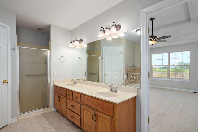 287 N Metzletein Rd, Billings, MO 65610 - full bathroom featuring a ceiling fan, double vanity, and a shower stall