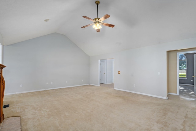 287 N Metzletein Rd, Billings, MO 65610 - unfurnished living room with a ceiling fan, light carpet, and vaulted ceiling
