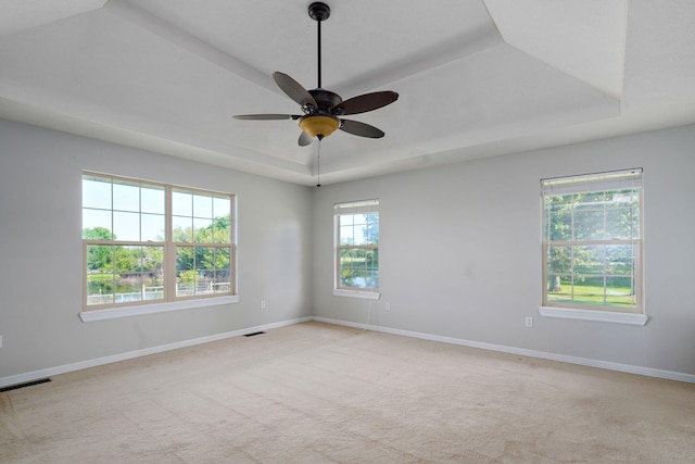 287 N Metzletein Rd, Billings, MO 65610 - spare room featuring a tray ceiling, ceiling fan, and light colored carpet