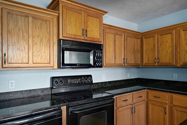 287 N Metzletein Rd, Billings, MO 65610 - kitchen featuring black appliances, brown cabinetry, a textured ceiling, and dark stone counters