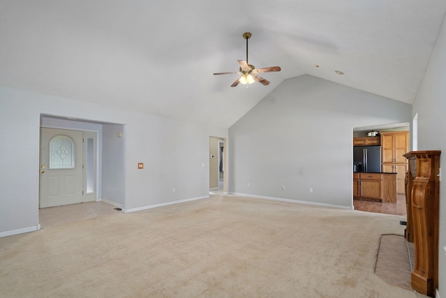 287 N Metzletein Rd, Billings, MO 65610 - unfurnished living room with a ceiling fan, light carpet, and high vaulted ceiling