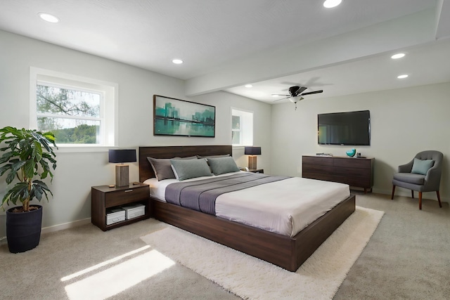 7208 N Farm Rd Unit 133, Springfield, MO 65803 - bedroom featuring recessed lighting, light carpet, ceiling fan, and beamed ceiling