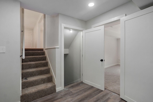 7208 N Farm Rd Unit 133, Springfield, MO 65803 - staircase with wood finished floors and recessed lighting