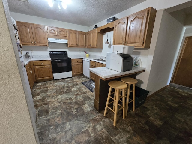 445 Monroe St, Thayer, MO 65791 - kitchen with range with electric stovetop, under cabinet range hood, a textured ceiling, dishwasher, and a peninsula