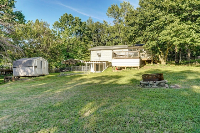 1311 S 9th St, Ozark, MO 65721 - fenced backyard featuring an outdoor fire pit, a carport, a storage shed, a deck, and view of wooded area